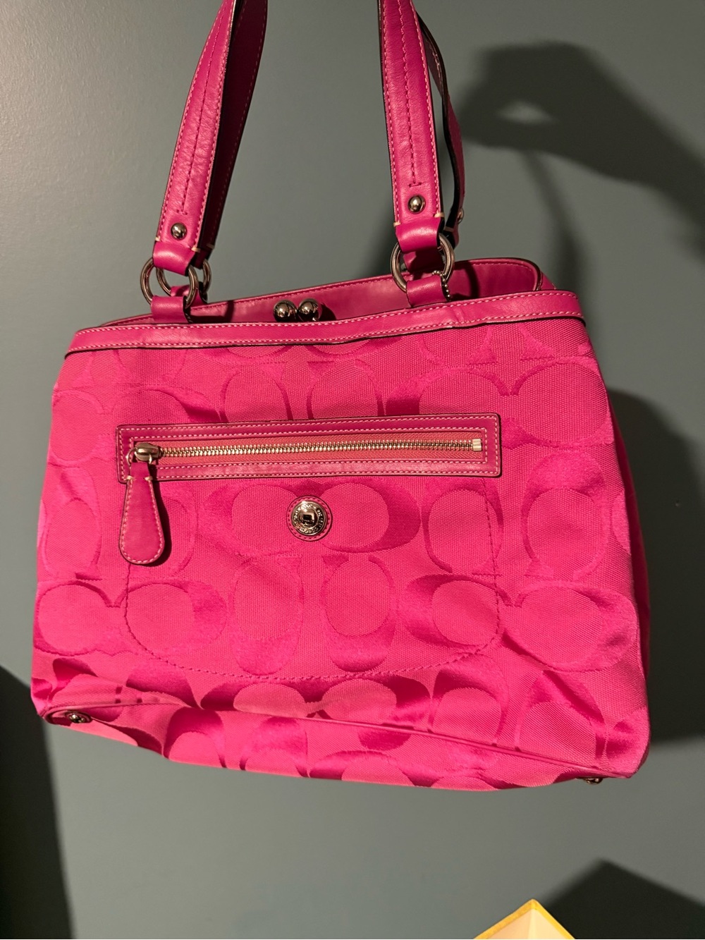 Bright Pink Signature Coach Kisslock Tote Bag